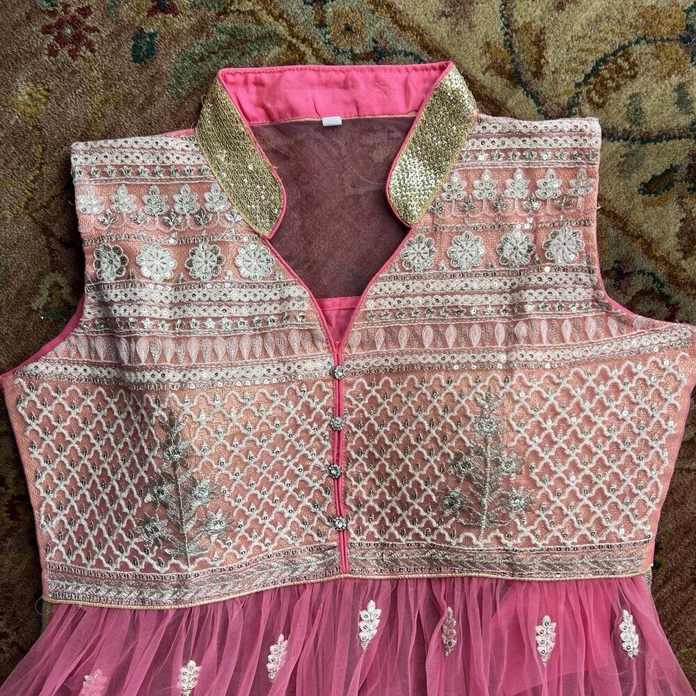 Boutique Embroidered Net Anarkali Gown XL Vibrant Pink/Gold Wedding Guest Dress - Picture 7 of 13